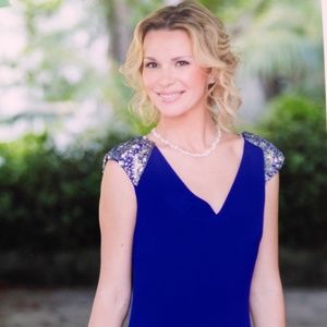 Marchesa Notte long blue dress